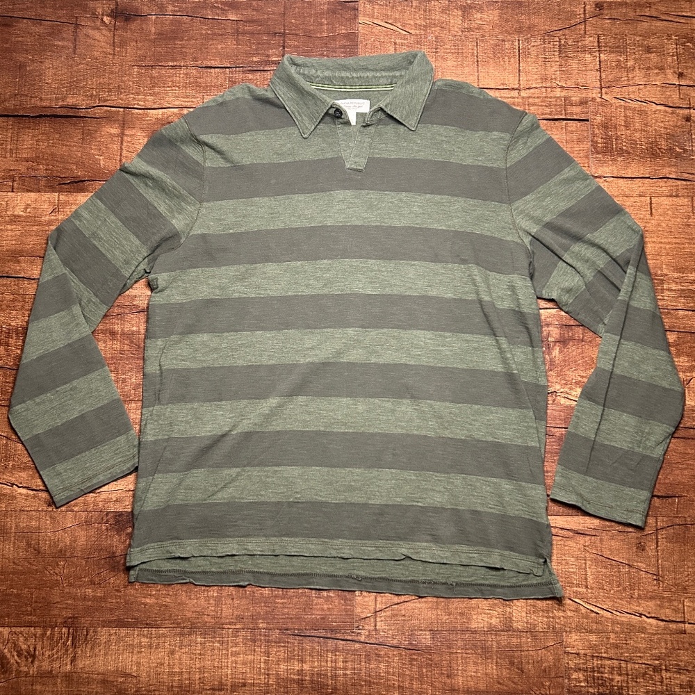 Banana Republic Long Sleeve Polo Shirt Mens XL Green Striped Preppy‎ Casual